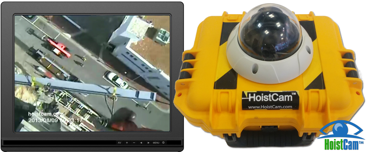 HoistCam HC180 armored dome with view from hook block on 9in monitor